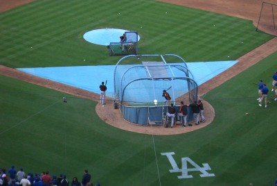 LA Dodgers stadium. Baseball players on field.